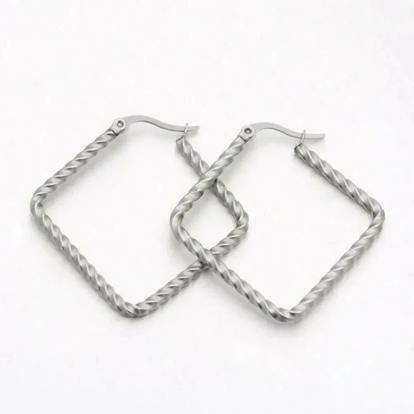 Surgical Stainless Steel Twisted Rhombus 39x39mm Silver Hoop Earrings - Picture 1 of 1